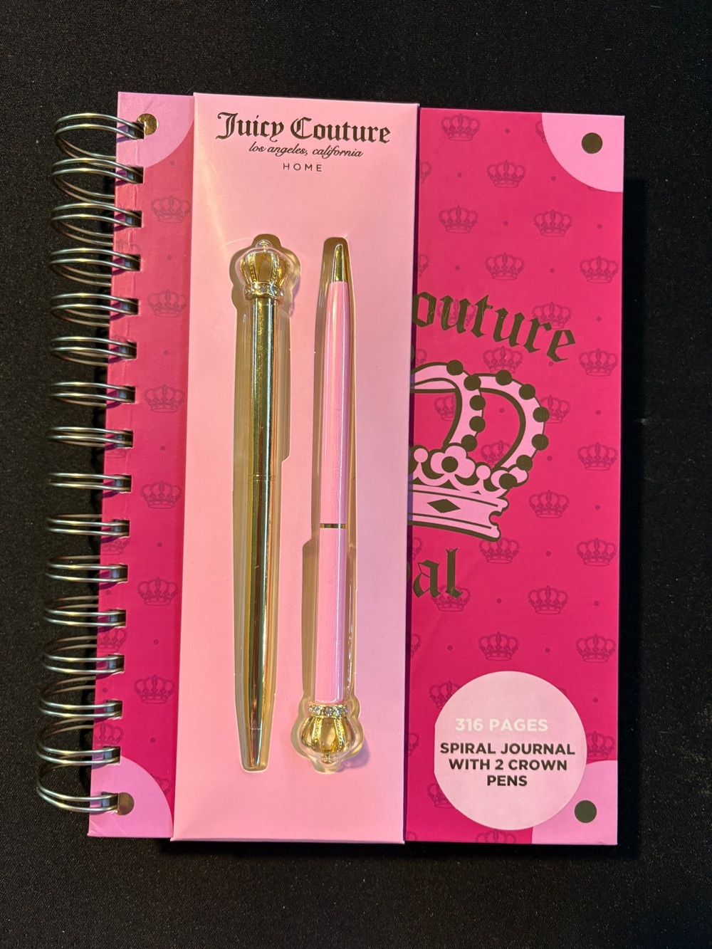 Juicy Couture Pink & Gold Spiral Notebook with Crown-Tip Pens